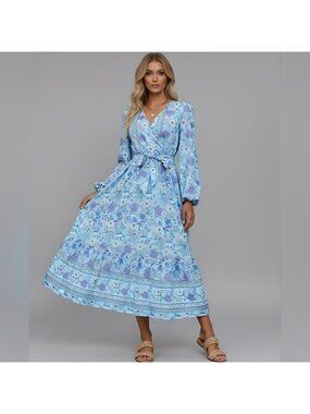 Floral Print Lantern Sleeve Ruffle Hem Belted Dress